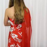 VESTIDO VERMELHO FOLHAS AZUIS