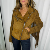 BLUSÃO BIKER CAMURÇA 100% PELE FRANJAS CAMEL