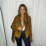BLUSÃO BIKER CAMURÇA 100% PELE FRANJAS CAMEL