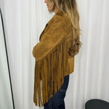 BLUSÃO BIKER CAMURÇA 100% PELE FRANJAS CAMEL