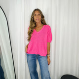 T-SHIRT MALHA DECOTE BICO ROSA FÚCSIA