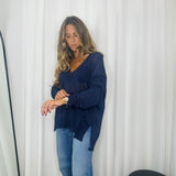 CAMISOLA MALHA DECOTE BICO AZUL MARINHO