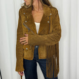 BLUSÃO BIKER CAMURÇA 100% PELE FRANJAS CAMEL