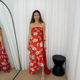 VESTIDO VERMELHO FOLHAS AZUIS