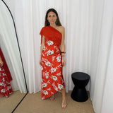 VESTIDO VERMELHO FOLHAS AZUIS