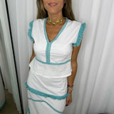 CONJUNTO TOP E SAIA BRANCO E AZUL