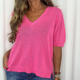 T-SHIRT MALHA DECOTE BICO ROSA FÚCSIA