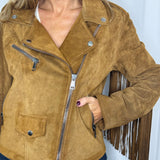 BLUSÃO BIKER CAMURÇA 100% PELE FRANJAS CAMEL