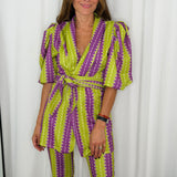 CONJUNTO KIMONO E CALÇAS ROXO E VERDE