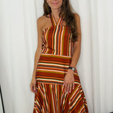 VESTIDO HALTER COM FOLHOS RISCAS TELHA