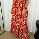 CONJUNTO TOP E SAIA FOLHAS VERMELHO