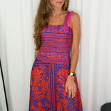 CONJUNTO TOP E SAIA ESTAMPADO ROXO E CORAL