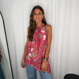 TOP HALTER ASSIMÉTRICO ROSA FLORES