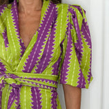 CONJUNTO KIMONO E CALÇAS ROXO E VERDE