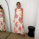 VESTIDO CRU COM ESTAMPADO VERMELHO E AZUL