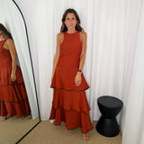 VESTIDO TELHA FOLHOS DEBRUM CASTANHO