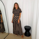 CONJUNTO TOP E SAIA RISCAS PRETO E BEGE