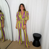CONJUNTO KIMONO E CALÇAS ROXO E VERDE