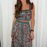 CONJUNTO TOP E SAIA BORDEAUX E TURQUESA