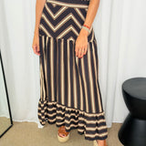 CONJUNTO TOP E SAIA RISCAS PRETO E BEGE