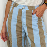 CALÇAS RISCAS AZUL E TAUPE