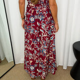 CONJUNTO TOP E SAIA BORDEAUX FOLHAS