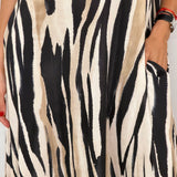 VESTIDO MALHA SEDA ZEBRADO PRETO E BEGE