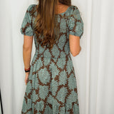 VESTIDO CASTANHO FOLHAS TURQUESA