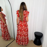 CONJUNTO TOP E SAIA FOLHAS VERMELHO