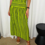 CONJUNTO TOP E SAIA RISCAS VERDE E AZUL