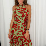 VESTIDO HALTER FOLHOS VERDE FLORES