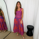 CONJUNTO TOP E SAIA ESTAMPADO ROXO E CORAL