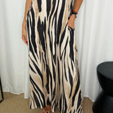VESTIDO MALHA SEDA ZEBRADO PRETO E BEGE