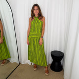 CONJUNTO TOP E SAIA RISCAS VERDE E AZUL