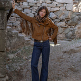 BLUSÃO BIKER CAMURÇA 100% PELE FRANJAS CAMEL