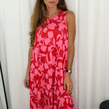 VESTIDO FLORES ROSA E VERMELHO