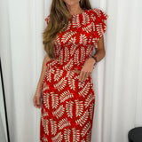 CONJUNTO TOP E SAIA FOLHAS VERMELHO