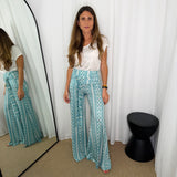 CALÇAS MALHA SEDA AZUIS ESTAMPADAS