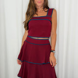 CONJUNTO TOP E SAIA BORDEAUX FOLHOS COM VIVO