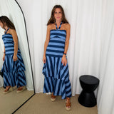VESTIDO HALTER COM FOLHOS AZUL RISCAS