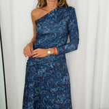 VESTIDO MALHA SEDA ASSIMÉTRICO AZUL ESTAMPADO