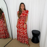 CONJUNTO TOP E SAIA FOLHAS VERMELHO