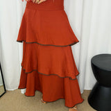 VESTIDO TELHA FOLHOS DEBRUM CASTANHO