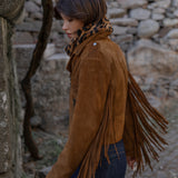 BLUSÃO BIKER CAMURÇA 100% PELE FRANJAS CAMEL