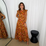 VESTIDO FLORES TELHA COM VIVO