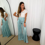 CALÇAS MALHA SEDA AZUIS ESTAMPADAS