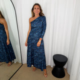 VESTIDO MALHA SEDA ASSIMÉTRICO AZUL ESTAMPADO