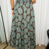 VESTIDO CASTANHO FOLHAS TURQUESA