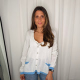 CARDIGAN MALHA ALGODÃO BRANCO E AZUL