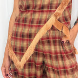 CONJUNTO BORDEAUX TÚNICA E CALÇAS ESCOCÊS COM FRANJAS
